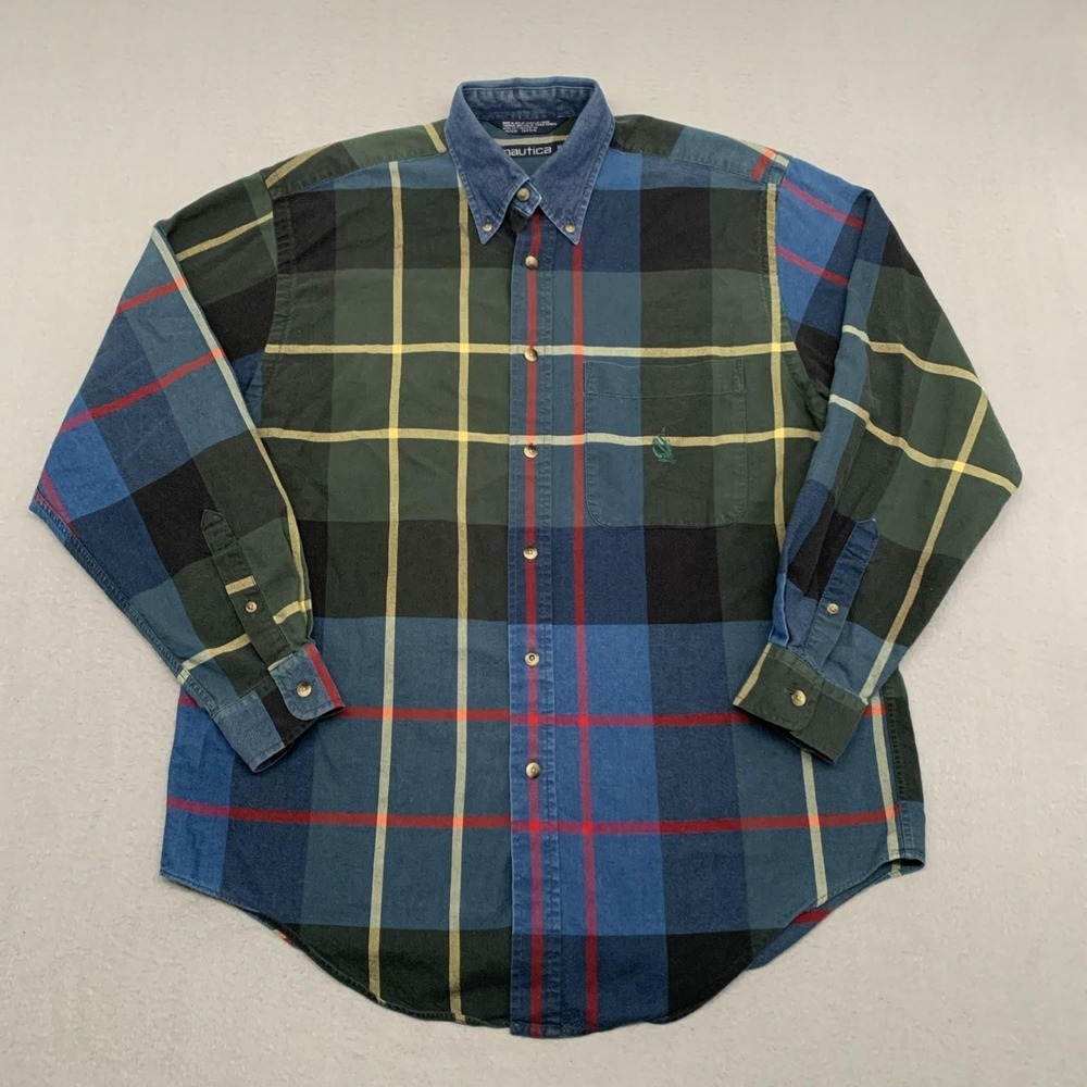 Vintage 90s Nautica Shirt Mens M Faded Rainbow Window Pane Denim Collared Button - Picture 2 of 9